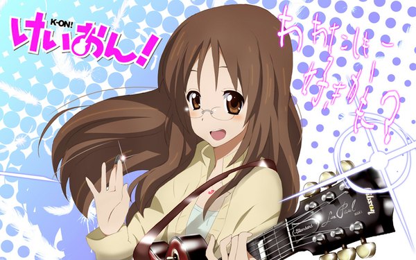 Anime picture 1024x640 with k-on! kyoto animation yamanaka sawako jet (artist) single long hair brown hair wide image brown eyes glasses jewelry feather (feathers) necklace musical instrument guitar plectrum