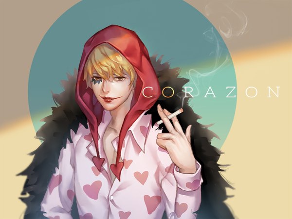 Anime picture 880x660 with one piece toei animation donquixote rocinante dywx poison single fringe short hair blonde hair holding arm up light smile lips grey eyes character names lipstick smoke red lipstick partially open clothes clothes on shoulders heart print
