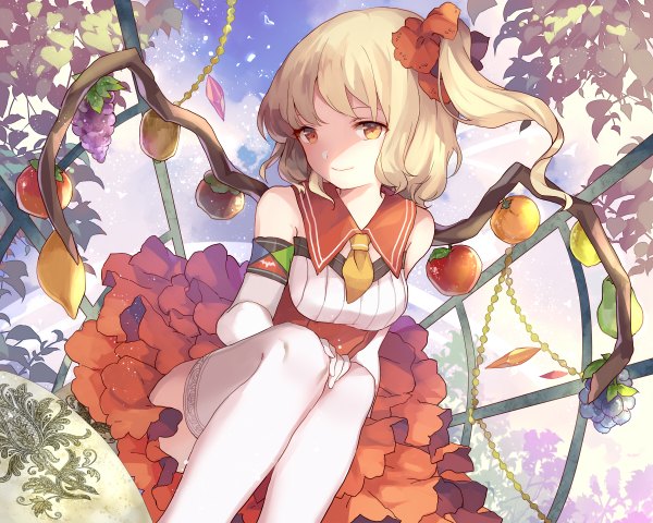 Anime picture 1200x960 with touhou flandre scarlet hillly (maiwetea) single looking at viewer fringe short hair blonde hair smile sitting bare shoulders yellow eyes sky alternate costume one side up alternate wings girl thighhighs gloves white thighhighs