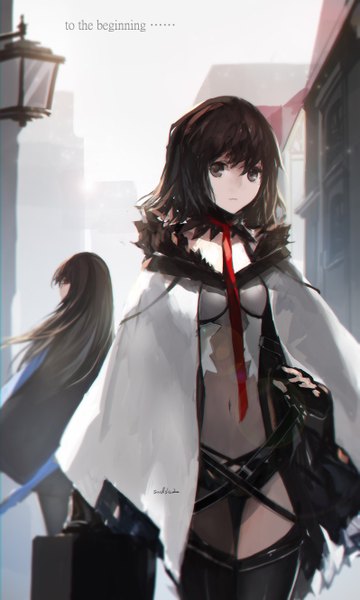 Anime picture 797x1329 with original paradise (character) swd3e2 long hair tall image looking at viewer short hair multiple girls signed inscription grey eyes girl gloves navel 2 girls fingerless gloves building (buildings) transparent clothing coat suitcase