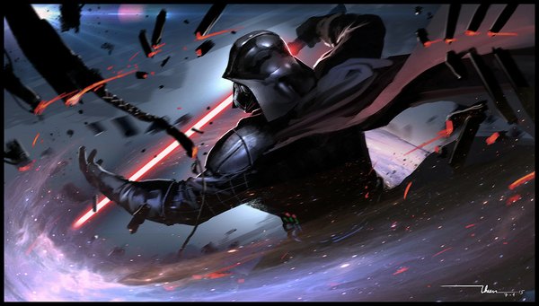 Anime picture 1100x626 with star wars darth vader thiennh2 single wide image signed framed space glowing weapon boy weapon sword armor star (stars) helmet debris lightsaber