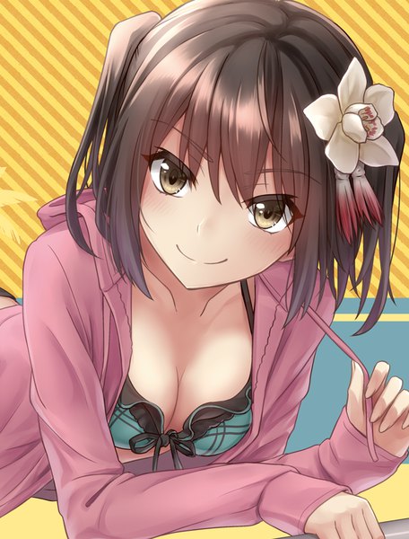 Anime picture 740x974 with kantai collection sendai light cruiser morigami (morigami no yashiro) single tall image looking at viewer blush fringe short hair breasts light erotic smile hair between eyes brown hair holding brown eyes cleavage upper body lying long sleeves