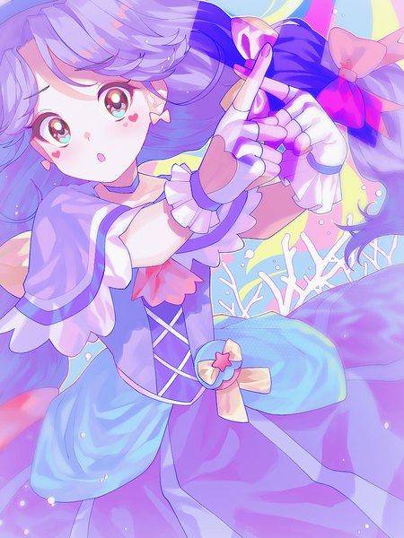 Anime picture 768x1024 with precure tropical-rouge! precure toei animation suzumura sango cure coral atamano single long hair tall image looking at viewer open mouth twintails brown eyes purple hair nail polish :o low twintails magical girl x fingers girl
