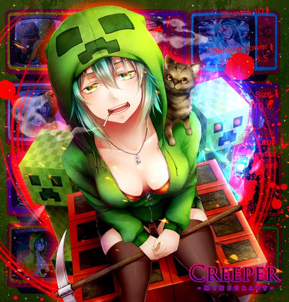 Anime picture 1811x1898 with minecraft creeper kiriya (artist) tall image highres short hair breasts open mouth light erotic sitting green eyes cleavage green hair from above looking up smoking personification girl thighhighs black thighhighs
