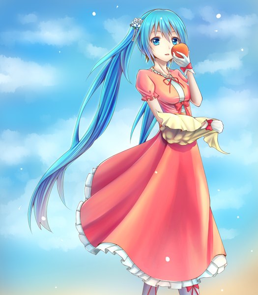 Anime picture 1400x1600 with vocaloid hatsune miku rysus single tall image looking at viewer blue eyes twintails cloud (clouds) very long hair aqua hair girl dress fruit peach