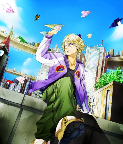 Anime picture 1200x1400 with tiger & bunny sunrise (studio) ivan karelin sakura i (artist) tall image short hair blonde hair purple eyes one eye closed wink crossed legs city boy jacket building (buildings) pants paper airplane