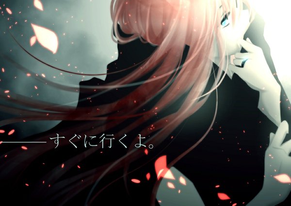 Anime picture 1000x707 with vocaloid megurine luka aonoe single long hair pink hair profile aqua eyes wind glowing hieroglyph girl petals jewelry ring hands