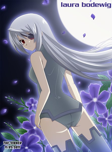 Anime picture 800x1079 with infinite stratos 8bit laura bodewig the-sinner single long hair tall image light erotic red eyes looking back grey hair from behind girl flower (flowers) bodysuit eyepatch