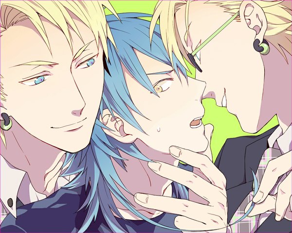 Anime picture 1000x800 with dramatical murder nitro+chiral aoba (dmmd) trip (dramatical murder) virus (dramatical murder) long hair short hair open mouth blue eyes blonde hair smile yellow eyes blue hair multiple boys shounen ai boy earrings glasses