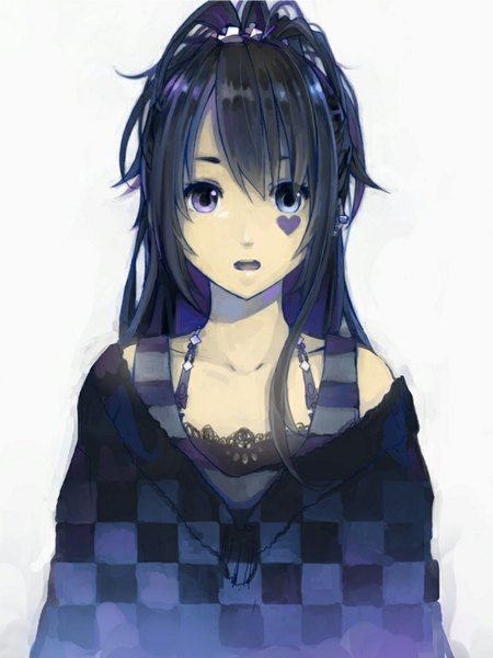 Anime picture 768x1024 with original shutane single long hair tall image looking at viewer fringe open mouth blue eyes black hair white background purple eyes tattoo heterochromia portrait checkered girl earrings sweater