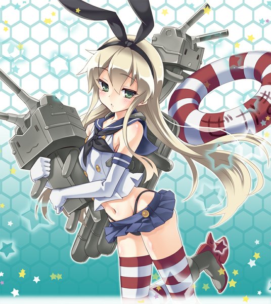 Anime picture 893x1000 with kantai collection shimakaze destroyer rensouhou-chan urabi (tomatohouse) long hair tall image looking at viewer blush blue eyes white hair girl thighhighs gloves navel bow weapon hair bow miniskirt elbow gloves star (symbol)