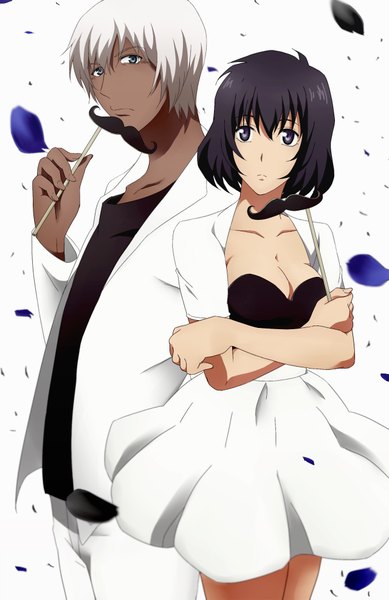 Anime picture 1280x1975 with kekkai sensen studio bones zapp renfro sumeragi chain wind (artist) tall image looking at viewer fringe short hair black hair white background purple eyes looking away cleavage white hair grey eyes dark skin crossed arms girl boy