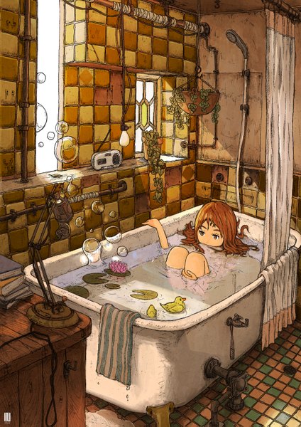 Anime picture 1000x1415 with original inukoko (artist) single long hair tall image fringe brown hair brown eyes sunlight girl flower (flowers) plant (plants) water window book (books) bubble (bubbles) towel bath bathroom water lily