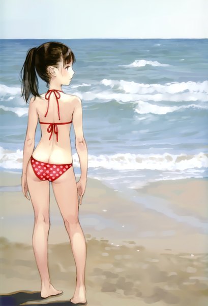 Anime picture 2377x3486 with original kishida mel single long hair tall image fringe highres light erotic standing looking away sky ass ponytail barefoot from behind scan beach back horizon polka dot