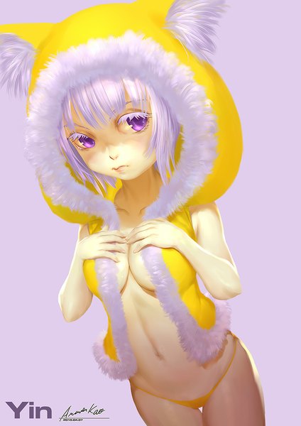Anime picture 706x1000 with original ariver kao single tall image short hair breasts light erotic purple eyes white hair girl navel hood