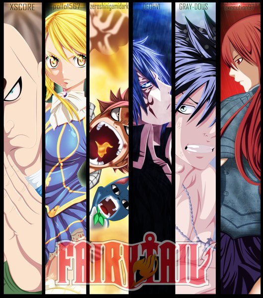 Anime picture 2415x2730 with fairy tail lucy heartfilia erza scarlet natsu dragneel gray fullbuster happy (fairy tail) jellal fernandes jura neekis deohvi gray-dous pollo1567 zeroshini xscore execution97 long hair tall image highres short hair open mouth blue eyes