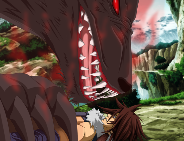 Anime picture 1600x1234 with the red soul kiron (the red soul) flowerinhell short hair red eyes brown hair purple eyes sky cloud (clouds) teeth fang (fangs) grin magic boy plant (plants) animal tree (trees) tongue fur grass