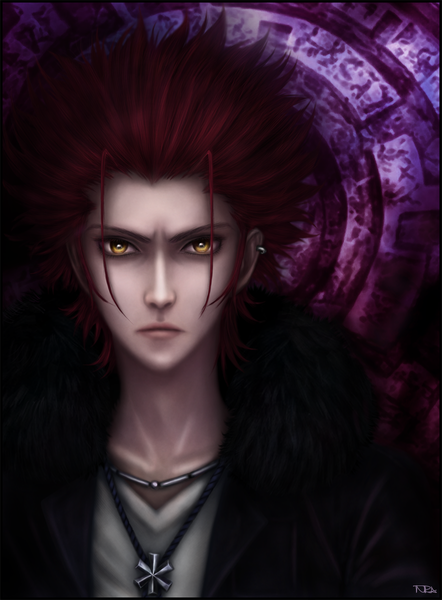 Anime picture 884x1200 with k-project gohands (studio) mikoto suoh inira single tall image short hair yellow eyes red hair lips realistic piercing portrait boy fur