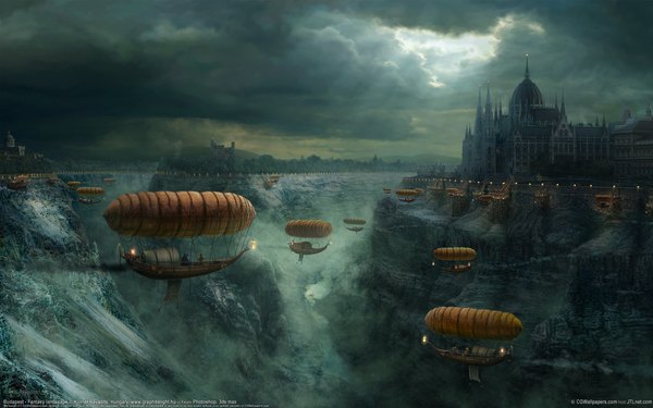 Anime picture 1920x1200 with kornel ravadits highres wide image sky cloud (clouds) sunlight wallpaper flying landscape fantasy waterfall water building (buildings) lantern aircraft airship hungary