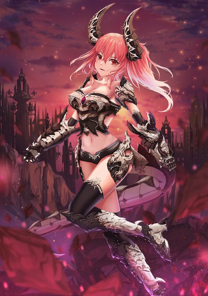 Anime picture 800x1140 with original h2o (dfo) single long hair tall image looking at viewer fringe light erotic hair between eyes red eyes pink hair cleavage cloud (clouds) full body bent knee (knees) white hair parted lips multicolored hair horn (horns) light smile