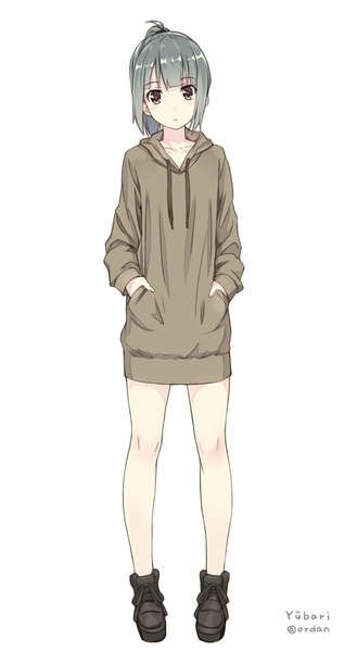 Anime picture 600x1092 with kantai collection yuubari light cruiser orda single tall image looking at viewer short hair simple background standing white background brown eyes signed ponytail grey hair hands in pockets girl shoes sweater dress