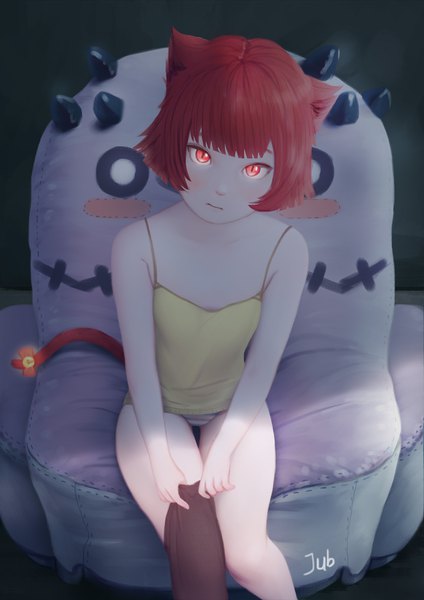 Anime picture 2480x3508 with original milk (jubi) jubi (regiana) single tall image looking at viewer fringe highres short hair light erotic red eyes sitting bare shoulders signed animal ears red hair tail blunt bangs animal tail cat ears