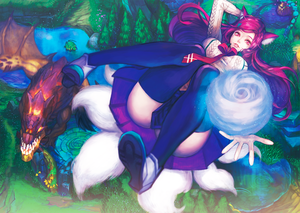 Anime picture 1500x1066 with league of legends ahri (league of legends) academy ahri (league of legends) dragon (league of legends) bibico long hair looking at viewer breasts light erotic animal ears pink hair tail animal tail pink eyes lips fox ears magic fox tail fox girl fantasy