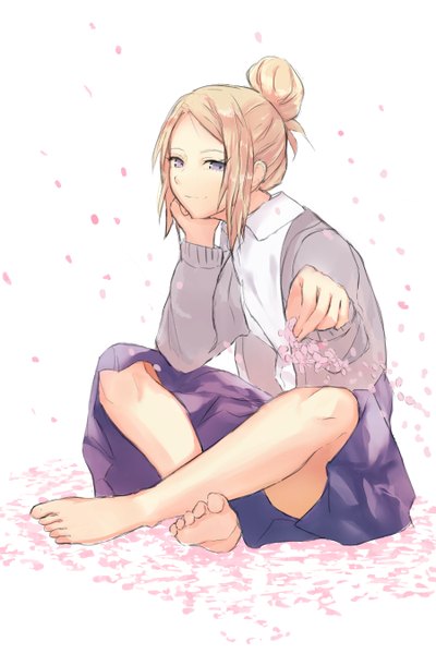 Anime picture 900x1350 with original djyui single long hair tall image simple background blonde hair smile white background sitting purple eyes payot looking away full body bent knee (knees) barefoot open clothes hair bun (hair buns) cherry blossoms outstretched arm