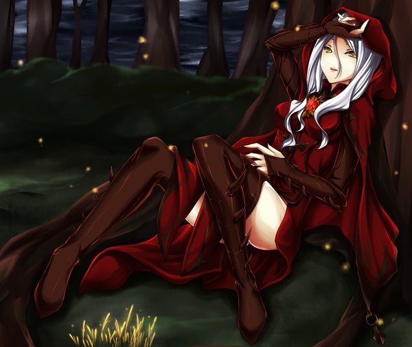 Anime picture 1400x1180 with dragon nest argenta (dragon nest) fi-san single long hair looking at viewer yellow eyes silver hair legs girl tree (trees) hood thigh boots cloak forest
