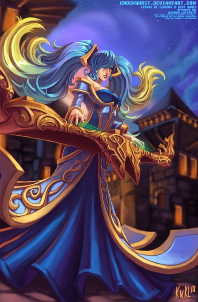 Anime picture 954x1450 with league of legends sona buvelle knockwurst single long hair tall image looking at viewer fringe breasts blonde hair bare shoulders blue hair parted lips multicolored hair lips hair over one eye orange eyes gradient hair playing instrument girl