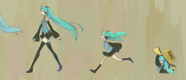 Anime picture 2000x864 with vocaloid hatsune miku long hair highres simple background smile wide image twintails bare shoulders multiple girls ahoge aqua hair chibi running multiple persona age progression girl skirt detached sleeves miniskirt