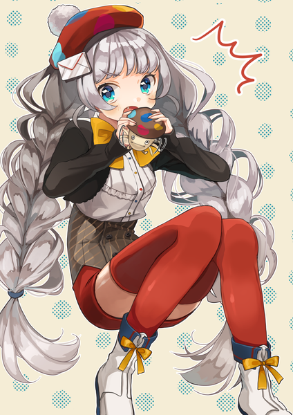 Anime picture 1060x1500 with original shigure ui long hair tall image looking at viewer blush fringe open mouth blue eyes sitting holding silver hair bent knee (knees) teeth fang (fangs) polka dot girl thighhighs hair ornament bow