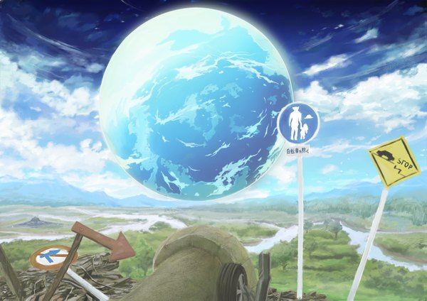 Anime picture 1351x955 with original rappi hiroshi sky cloud (clouds) landscape fantasy river planet traffic sign directional arrow