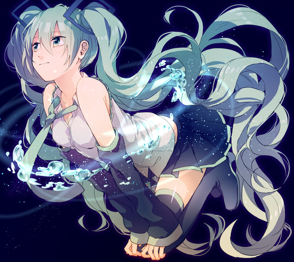 Anime picture 1400x1250 with vocaloid hatsune miku pecchii single long hair fringe smile twintails bare shoulders looking away cleavage long sleeves multicolored hair aqua eyes aqua hair wide sleeves zettai ryouiki kneeling gradient hair open collar