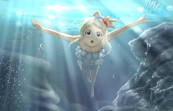 Anime picture 1200x771 with ano hi mita hana no namae wo bokutachi wa mada shiranai a-1 pictures honma meiko gedou (shigure seishin) single long hair looking at viewer blush open mouth bare shoulders barefoot hair flower sunlight spread arms underwater silver eyes surprised rock swimming girl