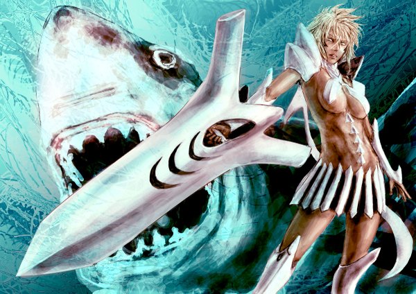 Anime picture 1200x849 with bleach studio pierrot tia harribel short hair light erotic blonde hair dark skin espada girl weapon shark