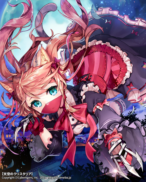 Anime picture 640x800 with tenkuu no crystalia celestial crystalia gio (maroon0924) single long hair tall image looking at viewer fringe twintails animal ears ahoge outdoors tail animal tail aqua eyes wind cat ears orange hair night official art