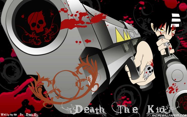 Anime picture 1680x1050 with soul eater studio bones death the kid short hair black hair wide image yellow eyes multicolored hair two-tone hair streaked hair boy gun blood ring skull
