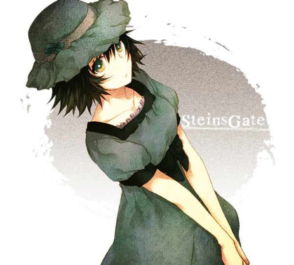 Anime picture 1000x900 with steins;gate white fox shiina mayuri numa0228 single looking at viewer short hair black hair white background yellow eyes from above inscription girl dress bow hat