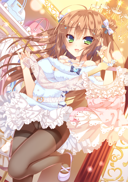Anime picture 800x1132 with original moe2016 nae-nae single long hair tall image looking at viewer blush open mouth light erotic brown hair green eyes pantyshot girl dress hair ornament underwear panties pantyhose heart hair ornament