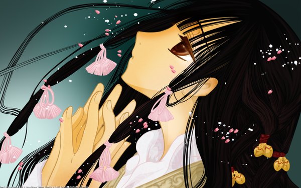 Anime picture 2560x1600 with tsubasa reservoir chronicle clamp highres black hair wide image brown eyes girl petals
