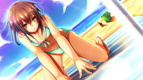 Anime picture 1920x1080 with kantai collection wakaba destroyer fuuki (nicoseiga) single looking at viewer fringe highres short hair breasts open mouth light erotic brown hair wide image brown eyes sky cloud (clouds) fingernails sunlight beach horizon