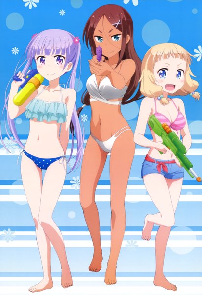 Anime picture 4084x5945 with new game! doga kobo nyantype suzukaze aoba sakura nene ahagon umiko long hair tall image looking at viewer blush highres short hair blue eyes light erotic blonde hair smile brown hair purple eyes multiple girls absurdres