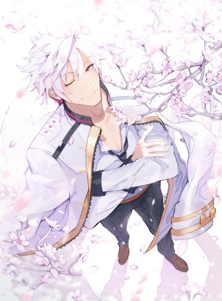 Anime picture 715x967 with original lloule single tall image looking at viewer short hair smile brown eyes white hair one eye closed from above shadow cherry blossoms crossed arms boy plant (plants) petals tree (trees) necktie branch