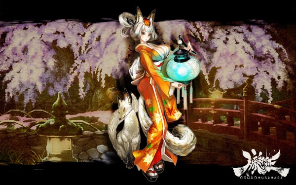 Anime picture 1920x1200 with oboro muramasa (game) vanillaware kongiku shigatake single long hair looking at viewer highres wide image animal ears yellow eyes cleavage white hair tail traditional clothes japanese clothes animal tail wallpaper fox ears cherry blossoms
