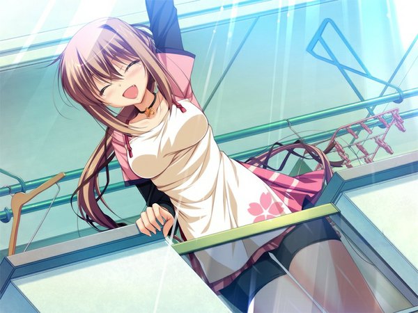 Anime picture 1024x768 with sacred vampire (game) long hair blush open mouth smile brown hair game cg eyes closed very long hair teeth fang (fangs) girl ribbon (ribbons) hair ribbon apron balcony