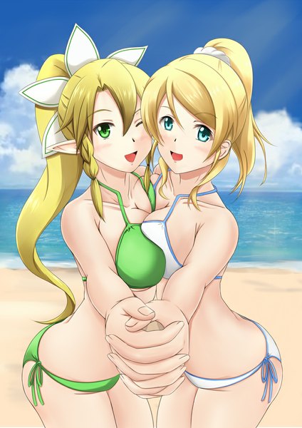 Anime picture 800x1132 with love live! school idol project sword art online sunrise (studio) a-1 pictures love live! ayase eli leafa fuuma nagi long hair tall image looking at viewer blush breasts open mouth blue eyes light erotic blonde hair multiple girls green eyes cloud (clouds)