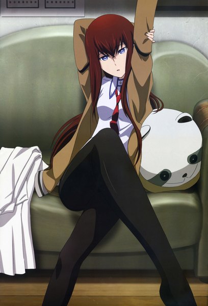 Anime picture 7000x10293 with steins;gate white fox nyantype makise kurisu sakai kyuuta long hair tall image highres blue eyes brown hair absurdres open clothes open jacket official art crossed legs incredibly absurdres girl pantyhose couch