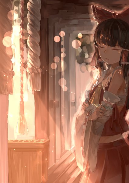 Anime picture 1000x1414 with touhou hakurei reimu zicai tang single long hair tall image fringe open mouth brown hair bare shoulders eyes closed traditional clothes sunlight miko girl skirt bow hair bow detached sleeves skirt set