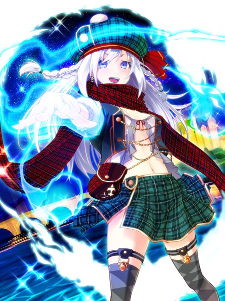 Anime picture 899x1200 with original nueco single long hair tall image looking at viewer open mouth blue eyes smile white hair braid (braids) plaid skirt girl thighhighs skirt navel scarf cap